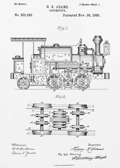 A framed black and white patent illustration for an H.K. Adams locomotive, dated November 30, 1886. The drawing features a detailed side view of the steam engine and a top-down diagram of its wheel and gear assembly. Wall Art