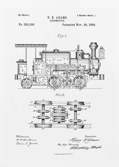A framed black and white patent illustration for an H.K. Adams locomotive, dated November 30, 1886. The drawing features a detailed side view of the steam engine and a top-down diagram of its wheel and gear assembly. Wall Art
