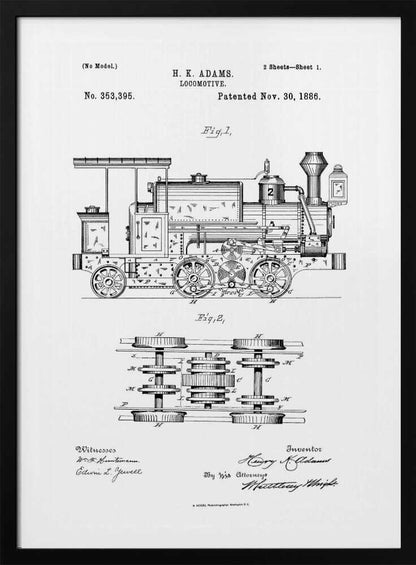 A framed black and white patent illustration for an H.K. Adams locomotive, dated November 30, 1886. The drawing features a detailed side view of the steam engine and a top-down diagram of its wheel and gear assembly. Wall Art