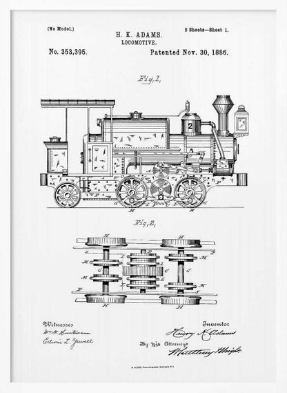 A framed black and white patent illustration for an H.K. Adams locomotive, dated November 30, 1886. The drawing features a detailed side view of the steam engine and a top-down diagram of its wheel and gear assembly. Wall Art