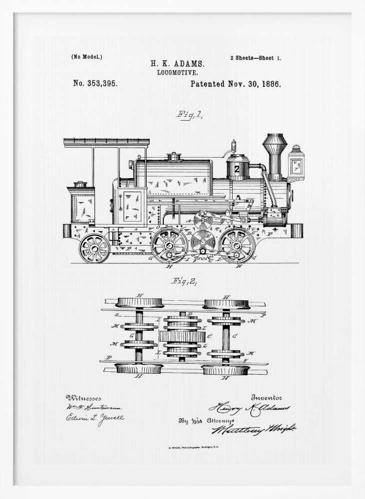 A framed black and white patent illustration for an H.K. Adams locomotive, dated November 30, 1886. The drawing features a detailed side view of the steam engine and a top-down diagram of its wheel and gear assembly. Wall Art