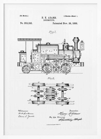A framed black and white patent illustration for an H.K. Adams locomotive, dated November 30, 1886. The drawing features a detailed side view of the steam engine and a top-down diagram of its wheel and gear assembly. Wall Art