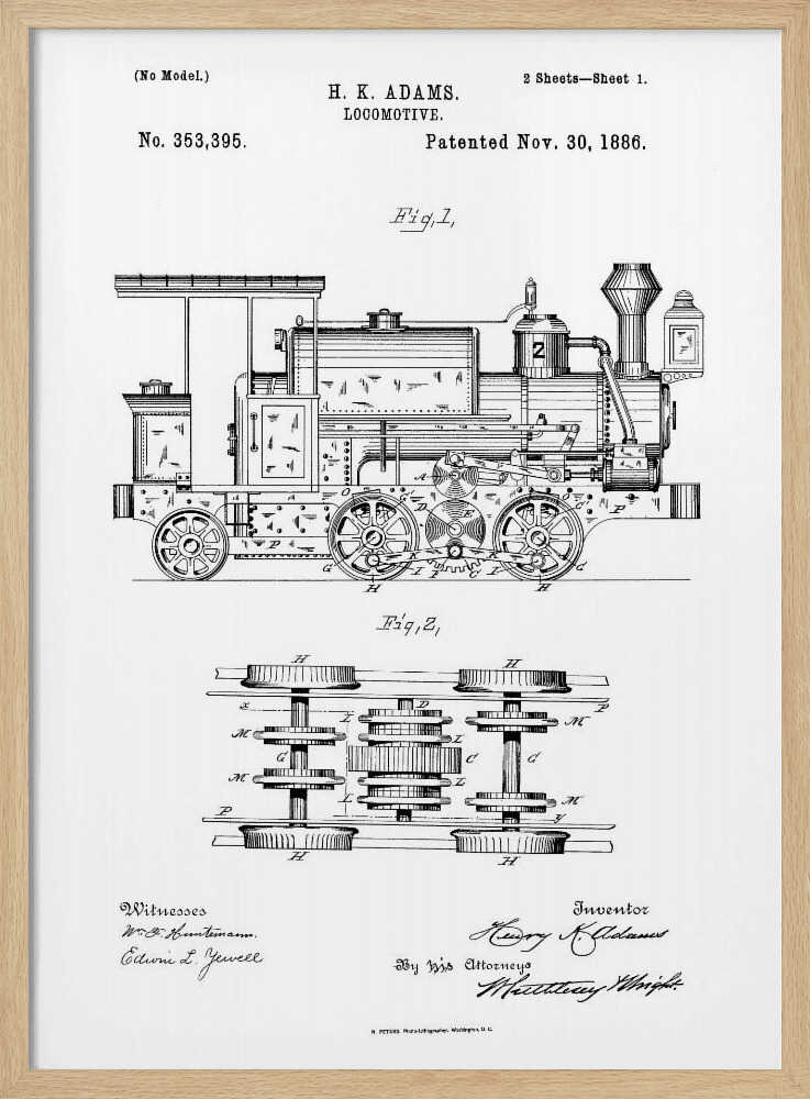 A framed black and white patent illustration for an H.K. Adams locomotive, dated November 30, 1886. The drawing features a detailed side view of the steam engine and a top-down diagram of its wheel and gear assembly. Wall Art