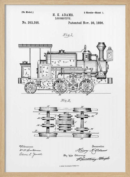 A framed black and white patent illustration for an H.K. Adams locomotive, dated November 30, 1886. The drawing features a detailed side view of the steam engine and a top-down diagram of its wheel and gear assembly. Wall Art