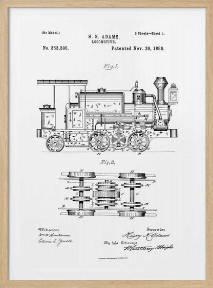 A framed black and white patent illustration for an H.K. Adams locomotive, dated November 30, 1886. The drawing features a detailed side view of the steam engine and a top-down diagram of its wheel and gear assembly. Wall Art