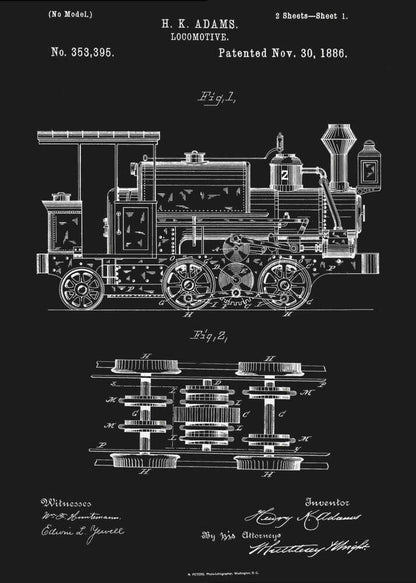 A vintage patent illustration for an H. K. Adams locomotive, dated November 30, 1886. The drawing, in white lines on a black background, shows a detailed side view and a top view of the train's wheel and gear mechanics, all framed in black. Artwork