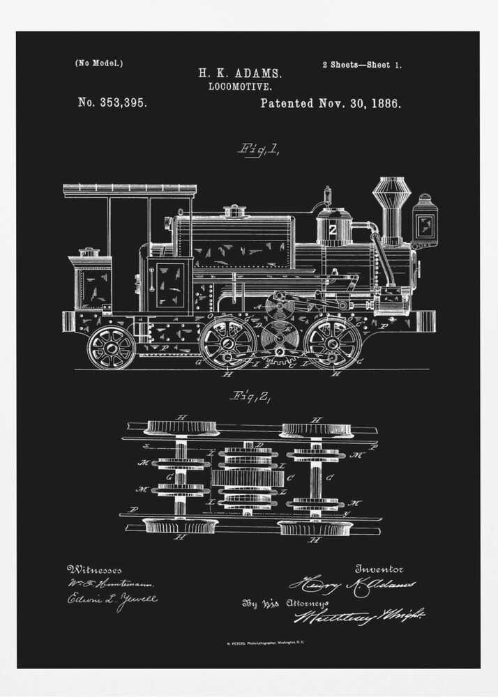 A vintage patent illustration for an H. K. Adams locomotive, dated November 30, 1886. The drawing, in white lines on a black background, shows a detailed side view and a top view of the train's wheel and gear mechanics, all framed in black. Artwork