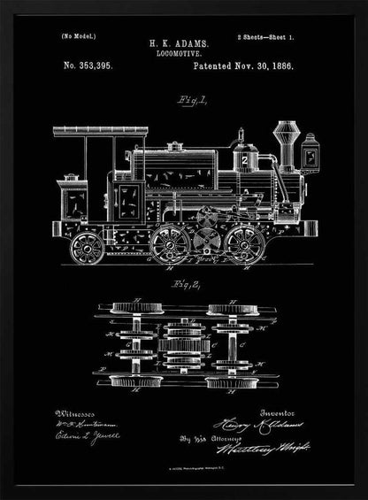 A vintage patent illustration for an H. K. Adams locomotive, dated November 30, 1886. The drawing, in white lines on a black background, shows a detailed side view and a top view of the train's wheel and gear mechanics, all framed in black. Artwork