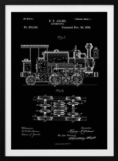 A vintage patent illustration for an H. K. Adams locomotive, dated November 30, 1886. The drawing, in white lines on a black background, shows a detailed side view and a top view of the train's wheel and gear mechanics, all framed in black. Artwork
