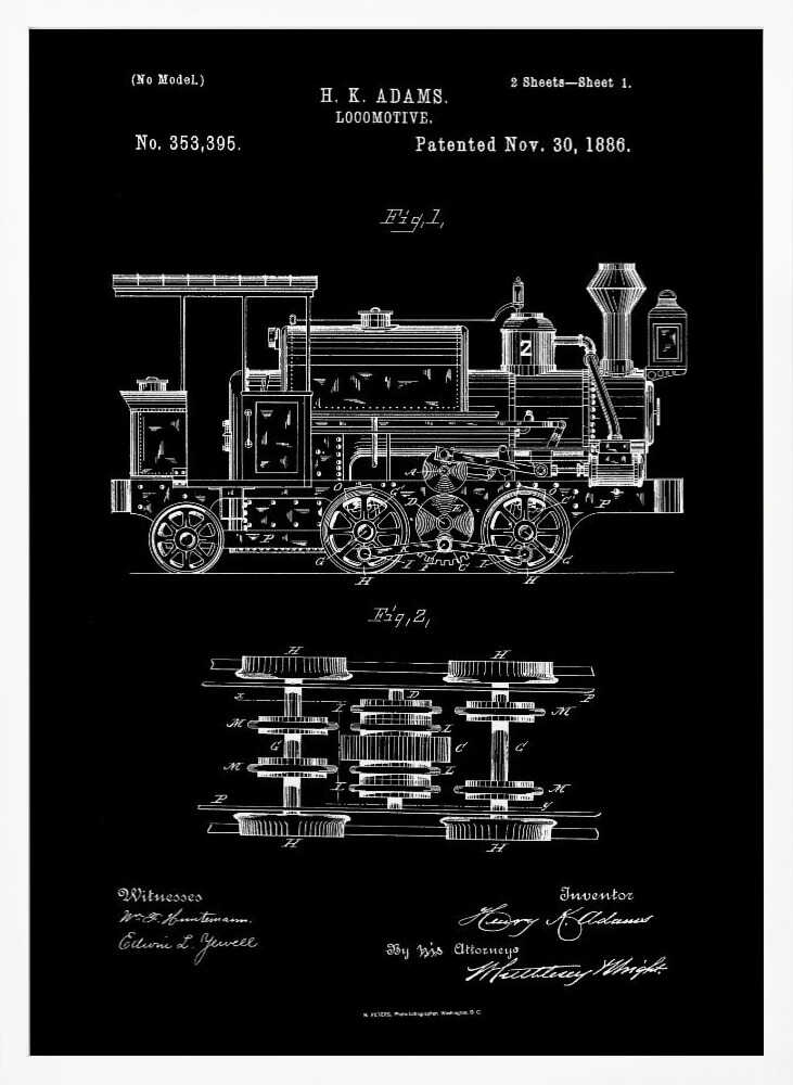 A vintage patent illustration for an H. K. Adams locomotive, dated November 30, 1886. The drawing, in white lines on a black background, shows a detailed side view and a top view of the train's wheel and gear mechanics, all framed in black. Artwork