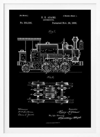 A vintage patent illustration for an H. K. Adams locomotive, dated November 30, 1886. The drawing, in white lines on a black background, shows a detailed side view and a top view of the train's wheel and gear mechanics, all framed in black. Artwork