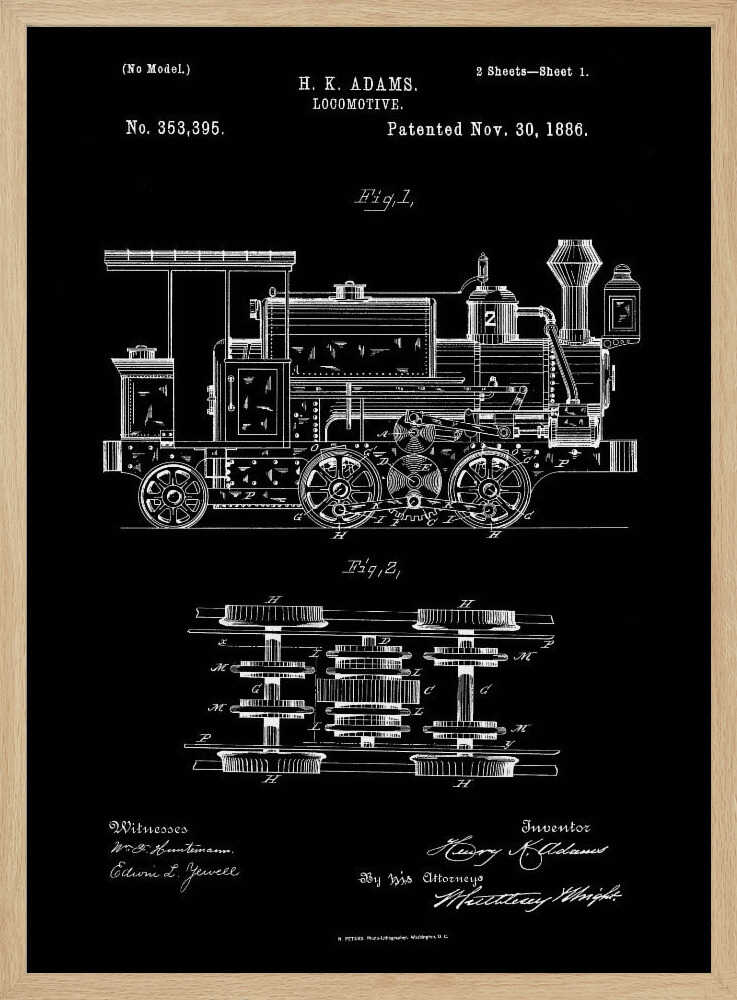 A vintage patent illustration for an H. K. Adams locomotive, dated November 30, 1886. The drawing, in white lines on a black background, shows a detailed side view and a top view of the train's wheel and gear mechanics, all framed in black. Artwork