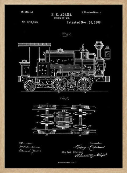 A vintage patent illustration for an H. K. Adams locomotive, dated November 30, 1886. The drawing, in white lines on a black background, shows a detailed side view and a top view of the train's wheel and gear mechanics, all framed in black. Artwork