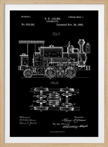A vintage patent illustration for an H. K. Adams locomotive, dated November 30, 1886. The drawing, in white lines on a black background, shows a detailed side view and a top view of the train's wheel and gear mechanics, all framed in black. Artwork