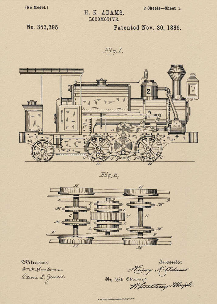 A framed vintage patent illustration for an H.K. Adams locomotive, dated November 30, 1886. The drawing is in black ink on a beige, parchment-like background, showing a detailed side view and an overhead view of the train's undercarriage and wheel mechanism. Decor