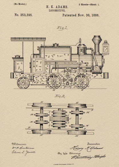 A framed vintage patent illustration for an H.K. Adams locomotive, dated November 30, 1886. The drawing is in black ink on a beige, parchment-like background, showing a detailed side view and an overhead view of the train's undercarriage and wheel mechanism. Decor