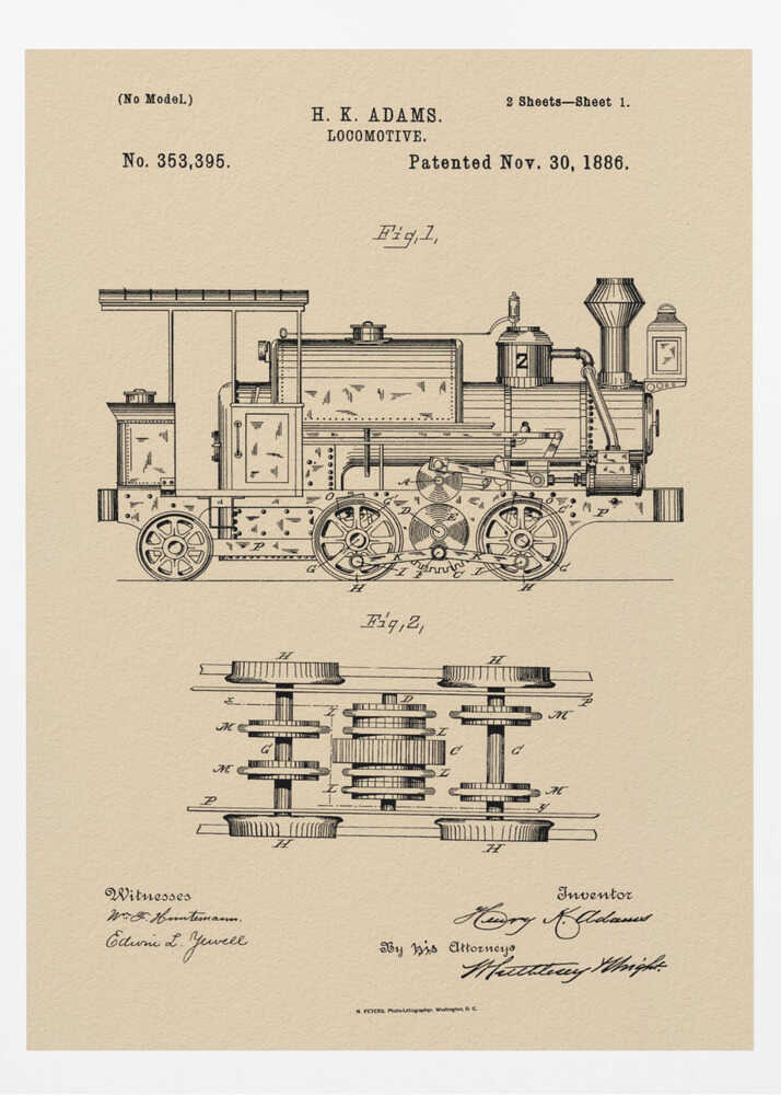 A framed vintage patent illustration for an H.K. Adams locomotive, dated November 30, 1886. The drawing is in black ink on a beige, parchment-like background, showing a detailed side view and an overhead view of the train's undercarriage and wheel mechanism. Decor