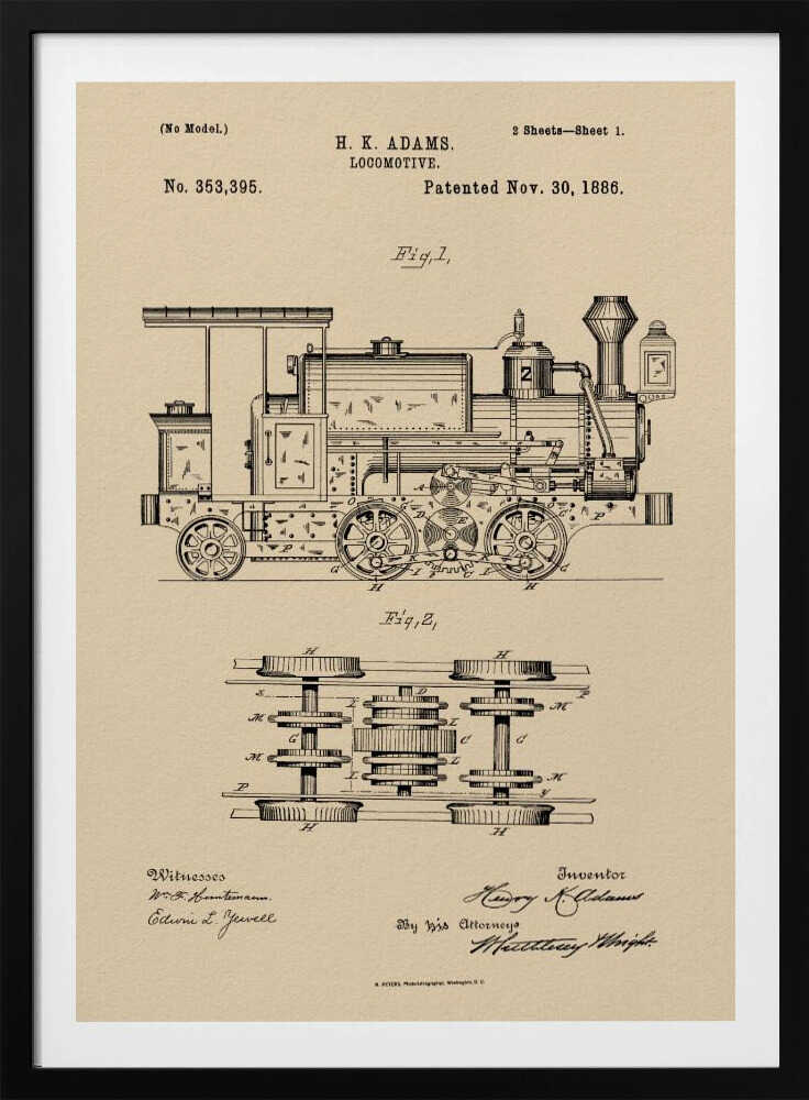 A framed vintage patent illustration for an H.K. Adams locomotive, dated November 30, 1886. The drawing is in black ink on a beige, parchment-like background, showing a detailed side view and an overhead view of the train's undercarriage and wheel mechanism. Decor