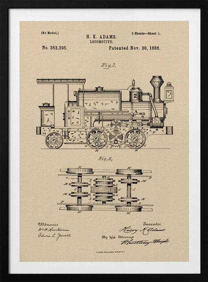 A framed vintage patent illustration for an H.K. Adams locomotive, dated November 30, 1886. The drawing is in black ink on a beige, parchment-like background, showing a detailed side view and an overhead view of the train's undercarriage and wheel mechanism. Decor