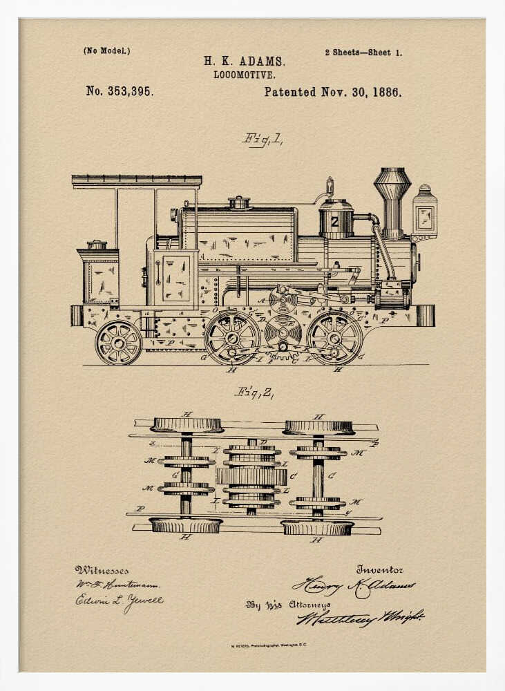 A framed vintage patent illustration for an H.K. Adams locomotive, dated November 30, 1886. The drawing is in black ink on a beige, parchment-like background, showing a detailed side view and an overhead view of the train's undercarriage and wheel mechanism. Decor