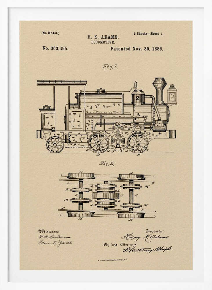 A framed vintage patent illustration for an H.K. Adams locomotive, dated November 30, 1886. The drawing is in black ink on a beige, parchment-like background, showing a detailed side view and an overhead view of the train's undercarriage and wheel mechanism. Decor