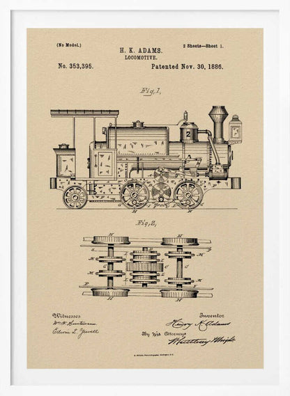 A framed vintage patent illustration for an H.K. Adams locomotive, dated November 30, 1886. The drawing is in black ink on a beige, parchment-like background, showing a detailed side view and an overhead view of the train's undercarriage and wheel mechanism. Decor