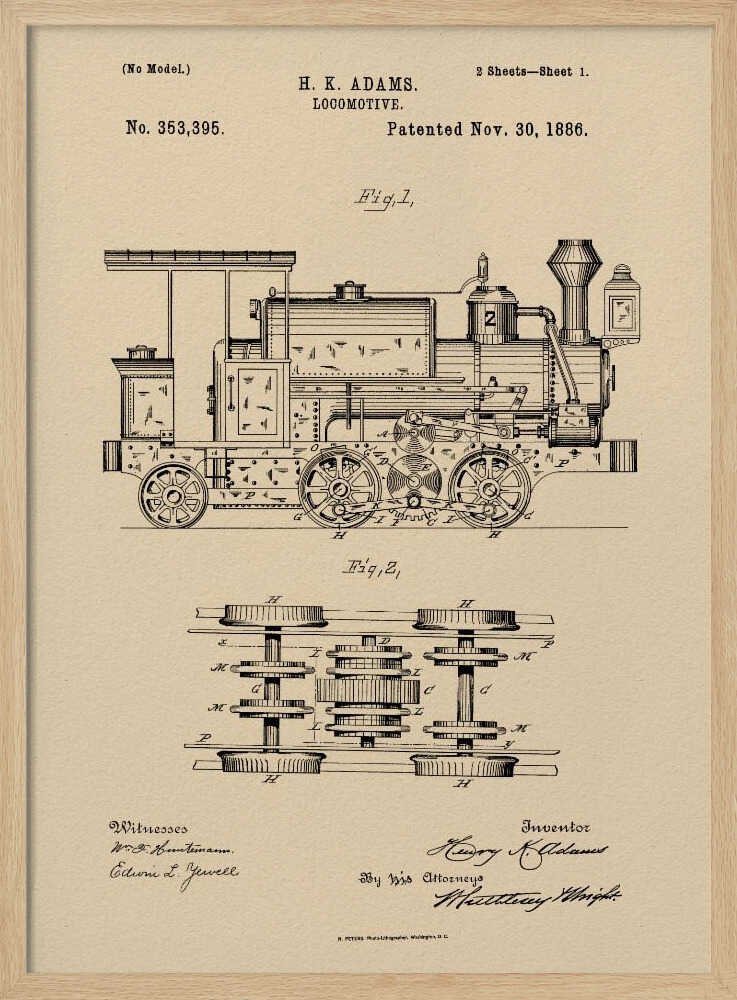 A framed vintage patent illustration for an H.K. Adams locomotive, dated November 30, 1886. The drawing is in black ink on a beige, parchment-like background, showing a detailed side view and an overhead view of the train's undercarriage and wheel mechanism. Decor