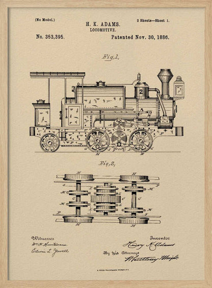 A framed vintage patent illustration for an H.K. Adams locomotive, dated November 30, 1886. The drawing is in black ink on a beige, parchment-like background, showing a detailed side view and an overhead view of the train's undercarriage and wheel mechanism. Decor