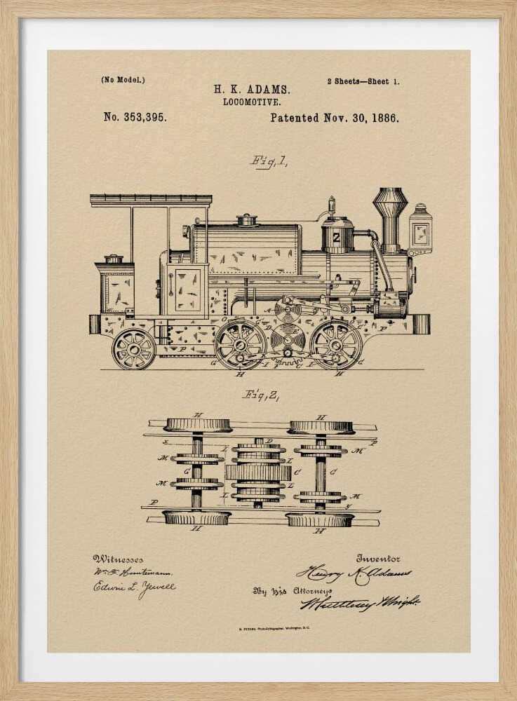 A framed vintage patent illustration for an H.K. Adams locomotive, dated November 30, 1886. The drawing is in black ink on a beige, parchment-like background, showing a detailed side view and an overhead view of the train's undercarriage and wheel mechanism. Decor