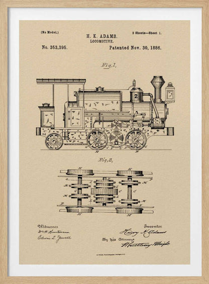 A framed vintage patent illustration for an H.K. Adams locomotive, dated November 30, 1886. The drawing is in black ink on a beige, parchment-like background, showing a detailed side view and an overhead view of the train's undercarriage and wheel mechanism. Decor