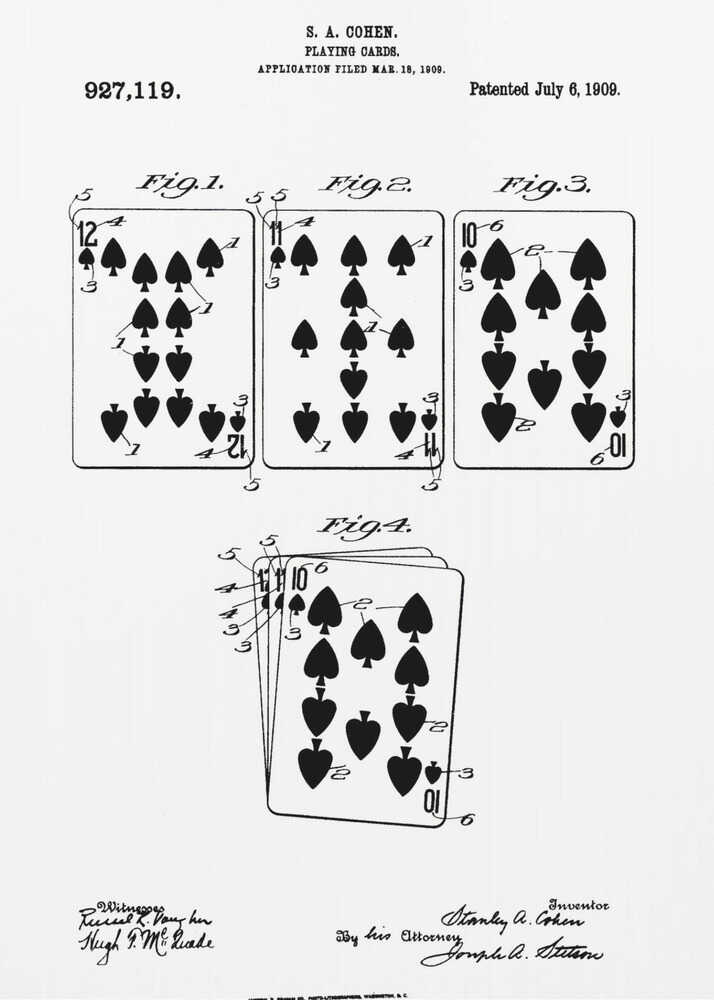 A framed, black and white patent illustration for playing cards by S. A. Cohen, patented July 6, 1909. The technical drawing displays four figures showing various spade playing cards, including a 12, 11, and 10, along with official text and signatures. Decor