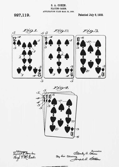 A framed, black and white patent illustration for playing cards by S. A. Cohen, patented July 6, 1909. The technical drawing displays four figures showing various spade playing cards, including a 12, 11, and 10, along with official text and signatures. Decor