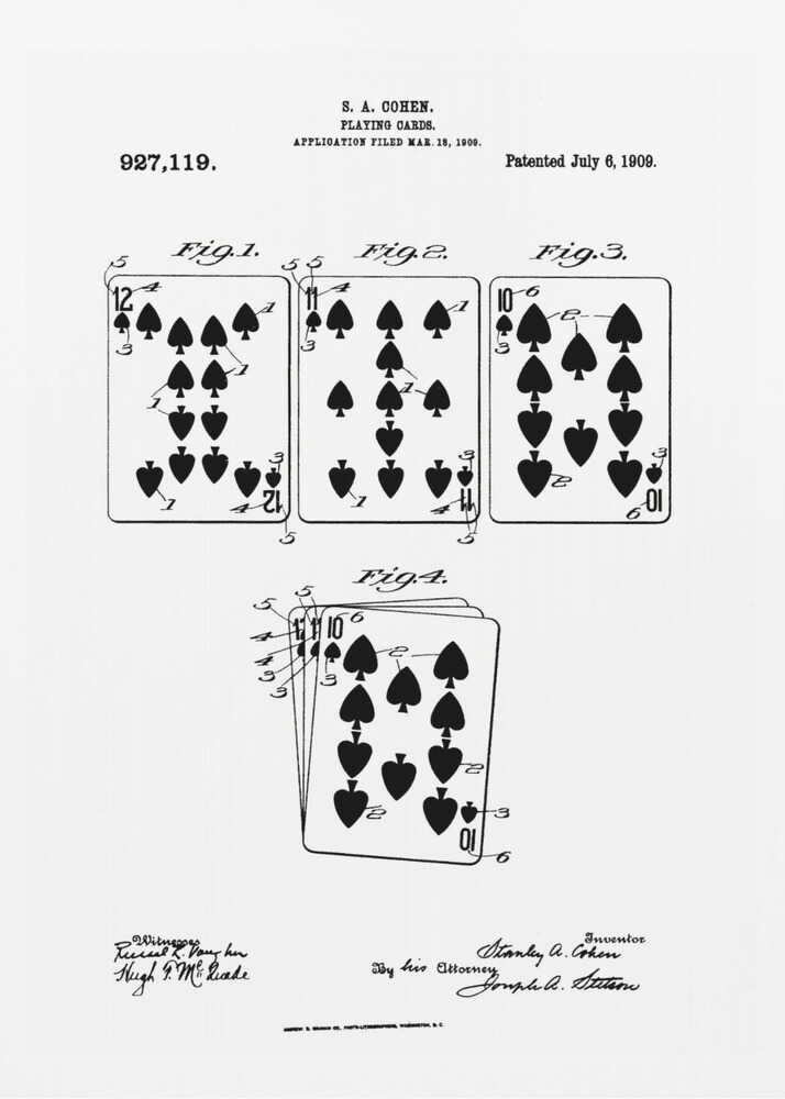 A framed, black and white patent illustration for playing cards by S. A. Cohen, patented July 6, 1909. The technical drawing displays four figures showing various spade playing cards, including a 12, 11, and 10, along with official text and signatures. Decor
