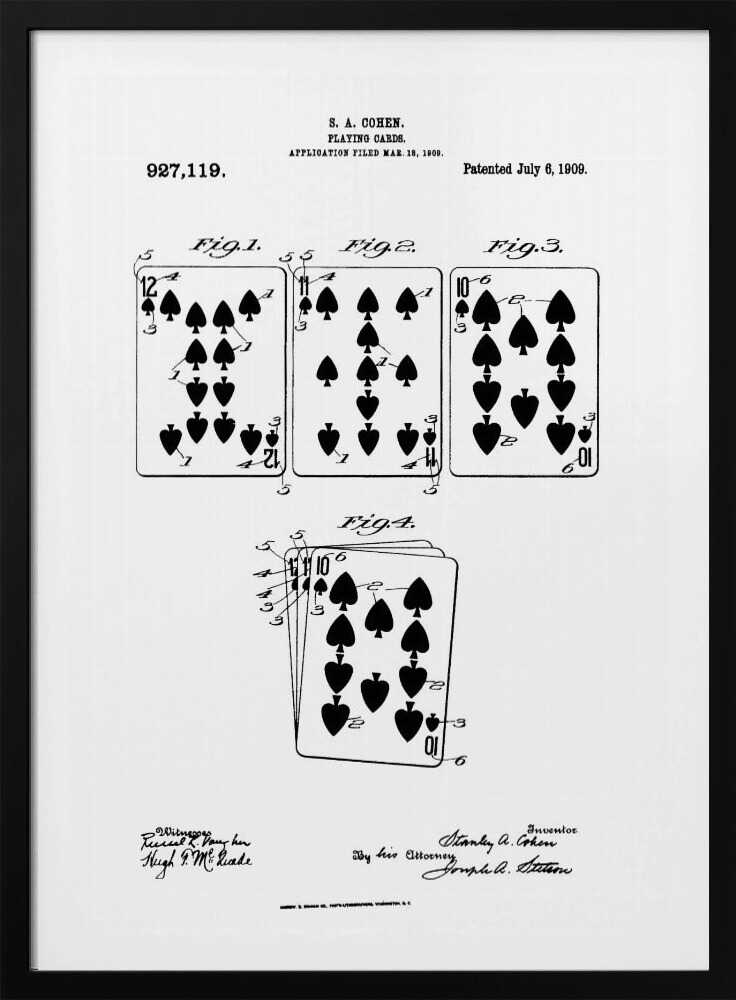 A framed, black and white patent illustration for playing cards by S. A. Cohen, patented July 6, 1909. The technical drawing displays four figures showing various spade playing cards, including a 12, 11, and 10, along with official text and signatures. Decor