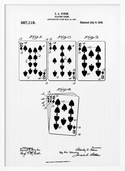 A framed, black and white patent illustration for playing cards by S. A. Cohen, patented July 6, 1909. The technical drawing displays four figures showing various spade playing cards, including a 12, 11, and 10, along with official text and signatures. Decor