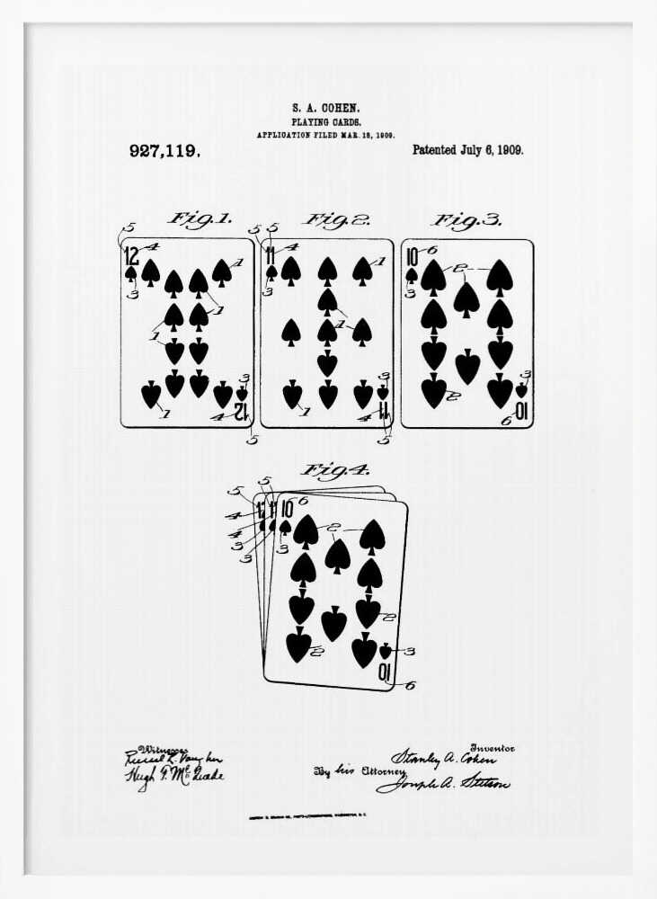 A framed, black and white patent illustration for playing cards by S. A. Cohen, patented July 6, 1909. The technical drawing displays four figures showing various spade playing cards, including a 12, 11, and 10, along with official text and signatures. Decor