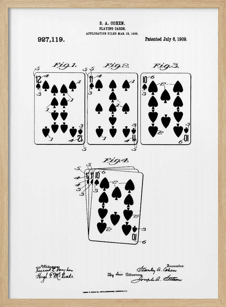 A framed, black and white patent illustration for playing cards by S. A. Cohen, patented July 6, 1909. The technical drawing displays four figures showing various spade playing cards, including a 12, 11, and 10, along with official text and signatures. Decor