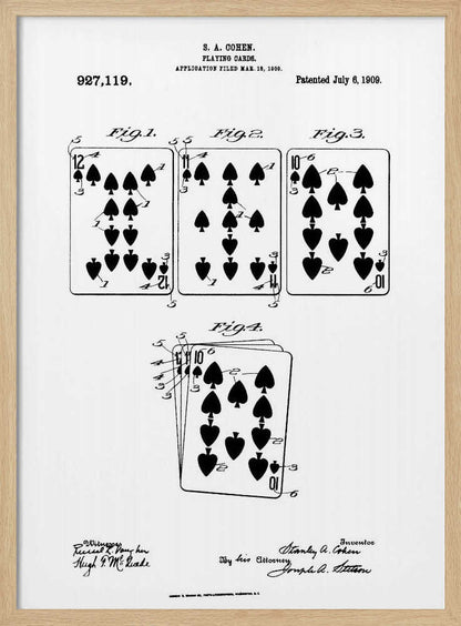 A framed, black and white patent illustration for playing cards by S. A. Cohen, patented July 6, 1909. The technical drawing displays four figures showing various spade playing cards, including a 12, 11, and 10, along with official text and signatures. Decor