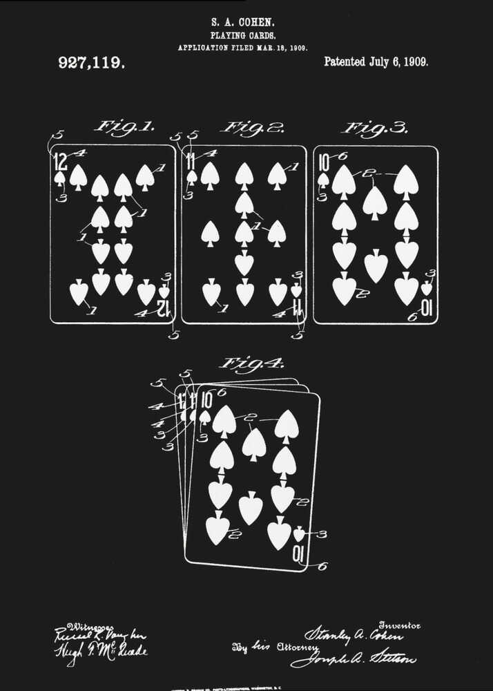 A framed black and white patent illustration from 1909 for playing cards by S.A. Cohen. The blueprint-style drawing shows four figures of playing cards, primarily with spade and heart suits, on a black background. Text and signatures related to the patent are visible at the top and bottom. Wall Art