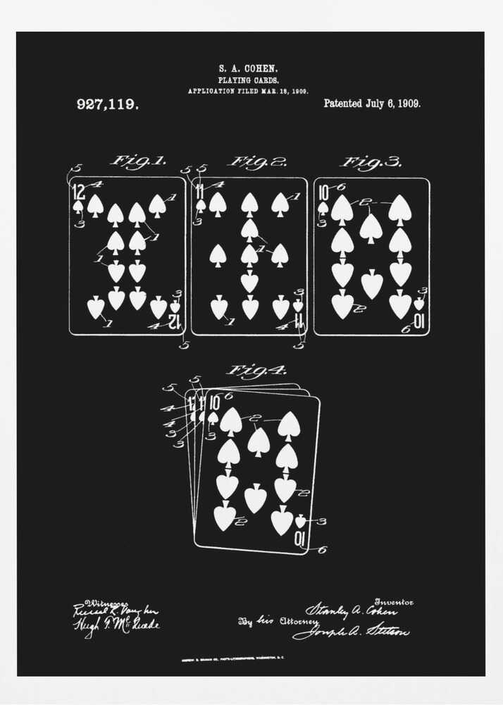 A framed black and white patent illustration from 1909 for playing cards by S.A. Cohen. The blueprint-style drawing shows four figures of playing cards, primarily with spade and heart suits, on a black background. Text and signatures related to the patent are visible at the top and bottom. Wall Art