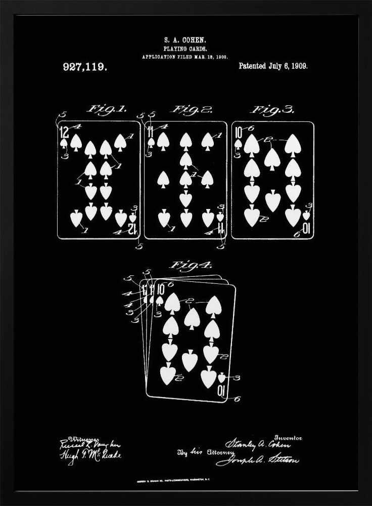 A framed black and white patent illustration from 1909 for playing cards by S.A. Cohen. The blueprint-style drawing shows four figures of playing cards, primarily with spade and heart suits, on a black background. Text and signatures related to the patent are visible at the top and bottom. Wall Art