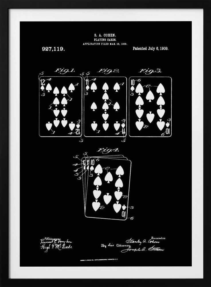 A framed black and white patent illustration from 1909 for playing cards by S.A. Cohen. The blueprint-style drawing shows four figures of playing cards, primarily with spade and heart suits, on a black background. Text and signatures related to the patent are visible at the top and bottom. Wall Art