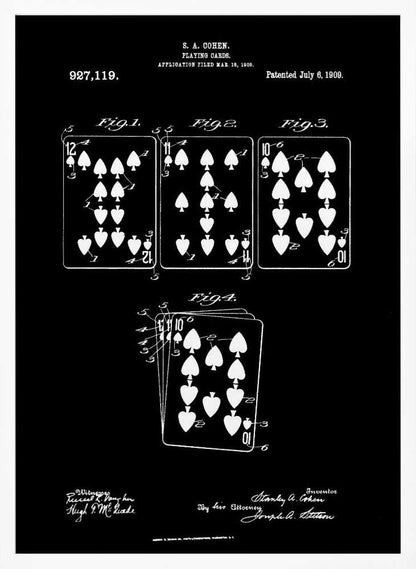A framed black and white patent illustration from 1909 for playing cards by S.A. Cohen. The blueprint-style drawing shows four figures of playing cards, primarily with spade and heart suits, on a black background. Text and signatures related to the patent are visible at the top and bottom. Wall Art