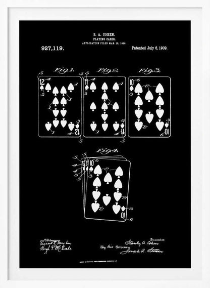 A framed black and white patent illustration from 1909 for playing cards by S.A. Cohen. The blueprint-style drawing shows four figures of playing cards, primarily with spade and heart suits, on a black background. Text and signatures related to the patent are visible at the top and bottom. Wall Art