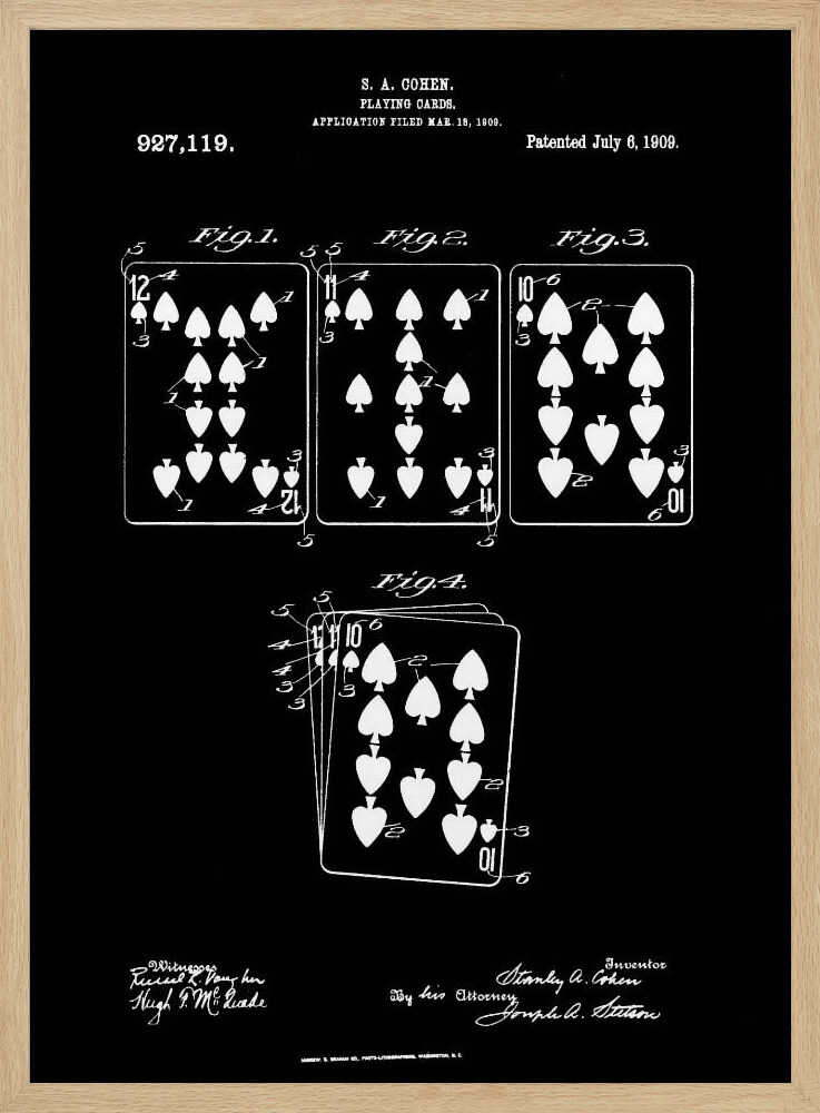 A framed black and white patent illustration from 1909 for playing cards by S.A. Cohen. The blueprint-style drawing shows four figures of playing cards, primarily with spade and heart suits, on a black background. Text and signatures related to the patent are visible at the top and bottom. Wall Art