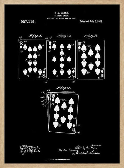 A framed black and white patent illustration from 1909 for playing cards by S.A. Cohen. The blueprint-style drawing shows four figures of playing cards, primarily with spade and heart suits, on a black background. Text and signatures related to the patent are visible at the top and bottom. Wall Art