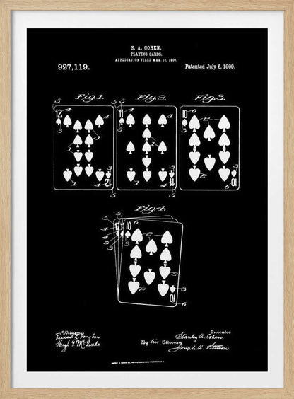 A framed black and white patent illustration from 1909 for playing cards by S.A. Cohen. The blueprint-style drawing shows four figures of playing cards, primarily with spade and heart suits, on a black background. Text and signatures related to the patent are visible at the top and bottom. Wall Art