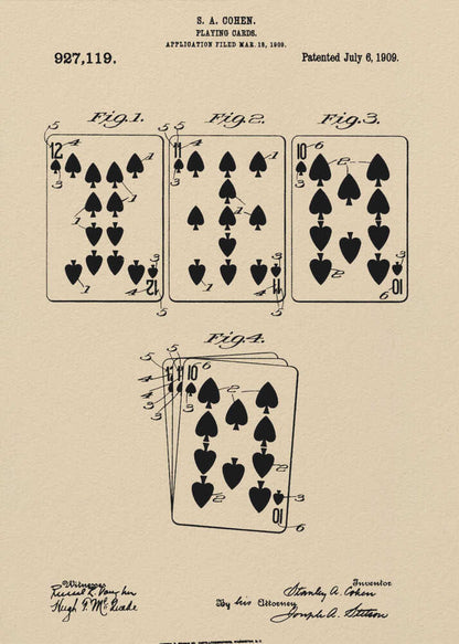 A framed vintage patent print for S. A. Cohen's playing cards, dated July 6, 1909. The print is on beige paper with black ink, showing diagrams of the 12, 11, and 10 of spades, along with technical text and signatures. Wall Art