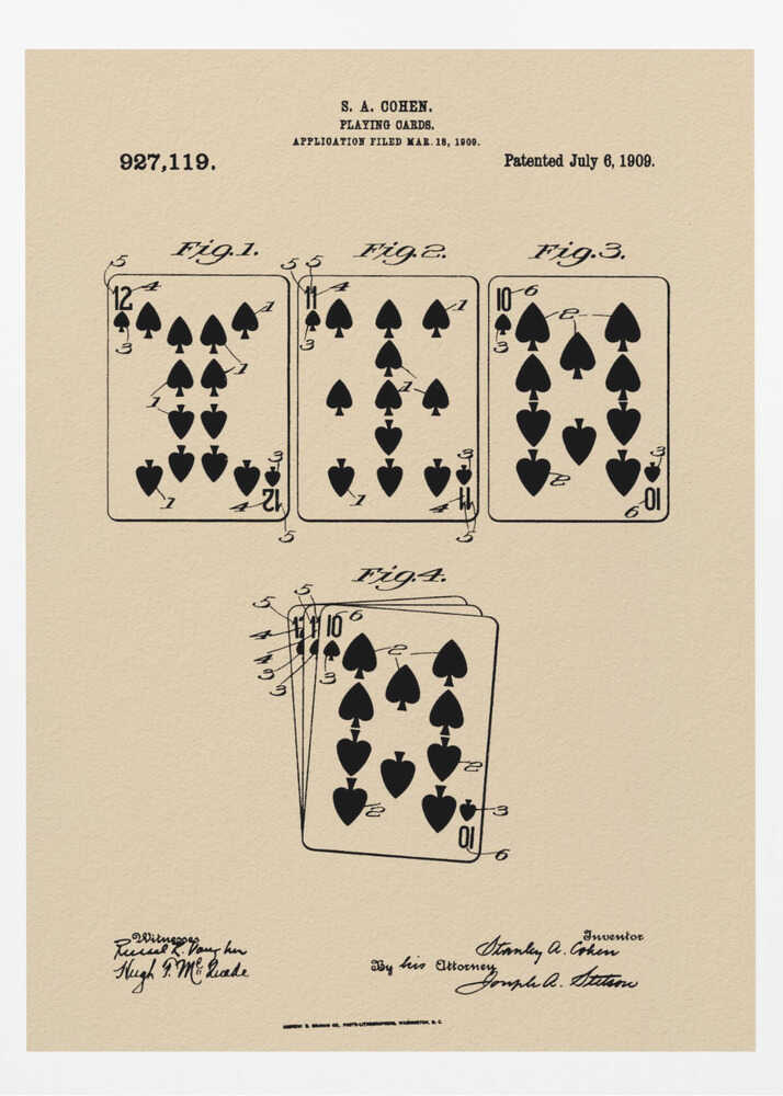A framed vintage patent print for S. A. Cohen's playing cards, dated July 6, 1909. The print is on beige paper with black ink, showing diagrams of the 12, 11, and 10 of spades, along with technical text and signatures. Wall Art