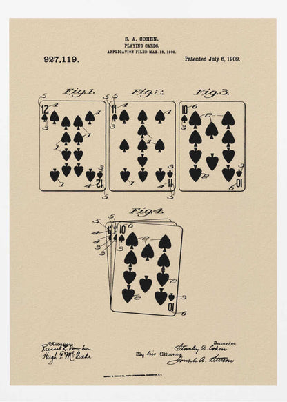 A framed vintage patent print for S. A. Cohen's playing cards, dated July 6, 1909. The print is on beige paper with black ink, showing diagrams of the 12, 11, and 10 of spades, along with technical text and signatures. Wall Art